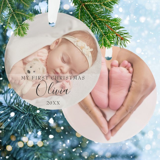 Ornamento 2 Foto Nome do Meu Primeiro Natal do Bebê (2 Photo My First Christmas Baby Script Name Ornament)