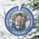 Ornamento 2 Graduação de Fotos Brutos Real Azul e Branco<br><div class="desc">Comemore a conquista do formando com um elegante Enfeites de natal de graduação azul e branco, com duas fotos redondas. As imagens e todo o texto são simples de personalizar e podem ser diferentes na frente e no verso. (DICAS DE IMAGEM e DESIGN DE TEXTO: 1) Para ajustar a posição...</div>