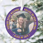 Ornamento 2 Graduação em Foto Moderno Púrpura Dourada Amarel<br><div class="desc">Comemore o feito do formando com um elegante Enfeites de natal púrpura e amarelo-ouro, dois fotoredondos de graduação. As imagens e todo o texto são simples de personalizar e podem ser diferentes na frente e no verso. (DICAS DE IMAGEM e DESIGN DE TEXTO: 1) Para ajustar a posição do texto,...</div>