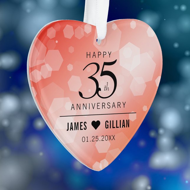 Ornamento 35o aniversário de casamento coral elegante (Elegant 35th Coral Wedding Anniversary Acrylic Ornament Cover Photo.)