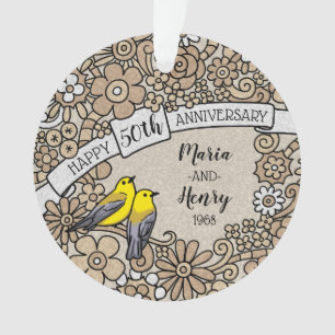 Ornamento 50º Aniversário Personalizado, Aves Florais Dourad