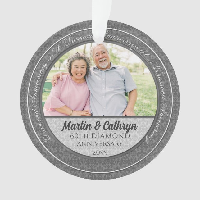 Ornamento 60º aniversário do Diamond Foto de Silver Damask (Frente)