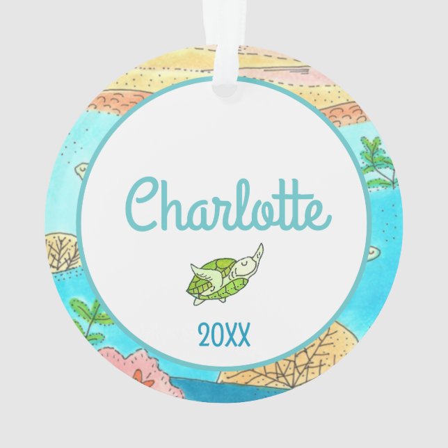Ornamento Adicione nome Tartarugas marinhas Tropical Beach T (Verso)