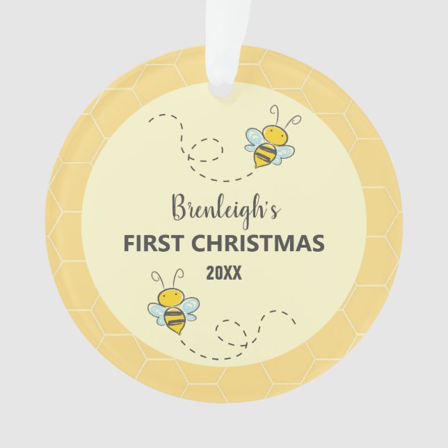 Ornamento Adorável Bumble Bee Primeiro Natal Personalizado (Frente)