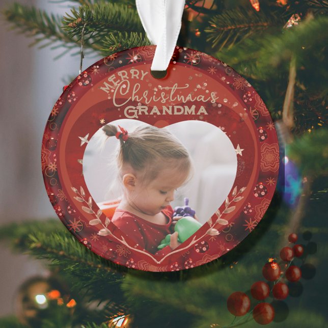 Ornamento Adorável Foto Vermelha da vovó de Natal (Adorable Christmas Grandma Red Photo Ornament)