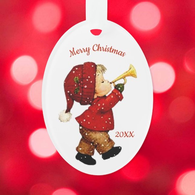 Ornamento Adorável Menino de Natal com Chifre Adorno de Acrí (Criador carregado)
