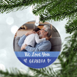 Ornamento Amo Seu Avô | Blue Color Block Two Photo<br><div class="desc">Esta moda e na moda de natal apresenta duas fotos de você e seu avô,  com blocos de cores modernos em duas tonalidades de azul,  com tipografia escrita branca e corações bonitinhos. O ornamento diz "nós te amamos,  vovô."</div>