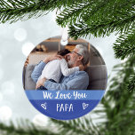 Ornamento Amo-Te Papá | Blue Color Block Two Photo<br><div class="desc">Esta moda e na moda de natal apresenta duas fotos de você e seu avô,  com blocos de cores modernos em duas tonalidades de azul,  com tipografia escrita branca e corações bonitinhos. O ornamento diz "nós te amamos papai".</div>