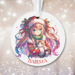 Ornamento Anime Girl in Santa Hat Watercolor Christmas<br><div class="desc">Garota de anime de aquarela em Santa chapéu com Enfeites de natal personalizado de gatinho fofo.</div>