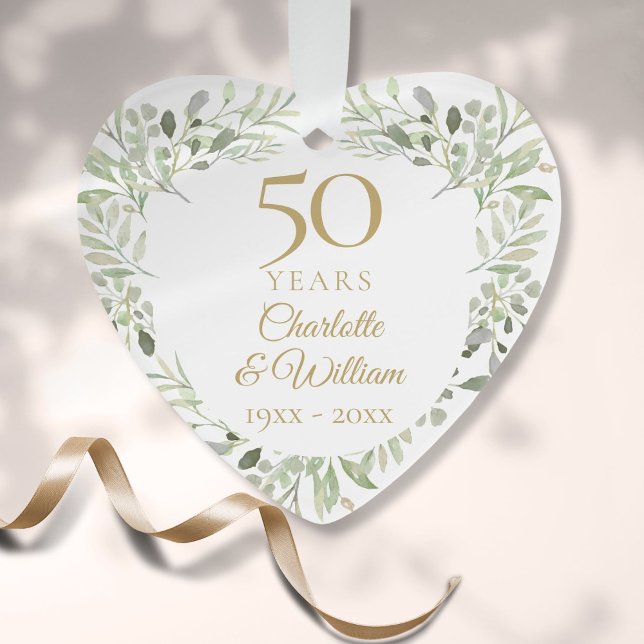 Ornamento Aniversário de Bodas de Ouro nº 50 Folhagem (50th Gold Wedding Anniversary Greenery Ornament)