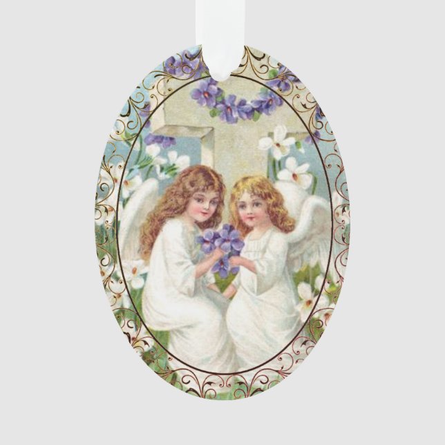 Ornamento Anjos Fofos Com Cruz E Flores  (Frente)