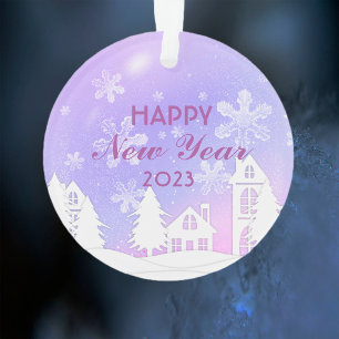 Ornamento Ano Novo 2023 Casa Branca Roxa Branco Neve Feliz N