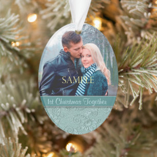 Ornamento Aqua Blue Floral Swirl Primeiro Modelo de Natal