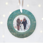 Ornamento Aqua e Luzes Douradas | Duas Fotografias Familiare<br><div class="desc">Este Enfeites de natal moderno apresenta um fundo aqua rico com luzes de fadas de ouro elegantes,  e duas das suas fotos pessoais favoritas. Adicione seu nome de família em texto dourado.</div>