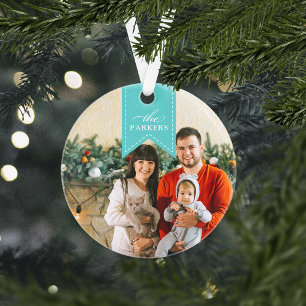 Ornamento Aqua Ribbon Foto de Feriado Personalizado