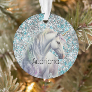 Ornamento Aqua Silver Unicorn Glitter Sparkle