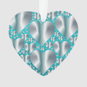 Ornamento Aquamarine Hearts Turquoise Faux Glitter