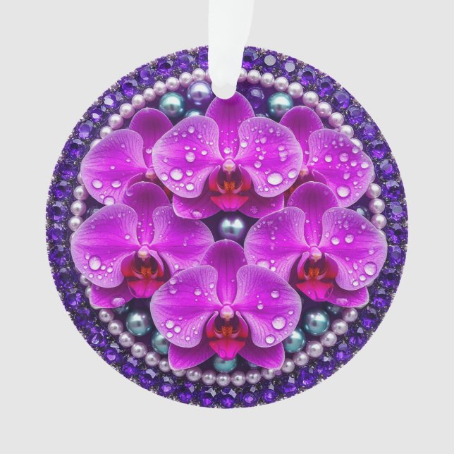 Ornamento Arranjo Floral de Orquídea Roxa Circular (Frente)