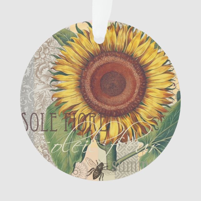 Ornamento Arte Floral de Girassol Vintage Damask (Frente)