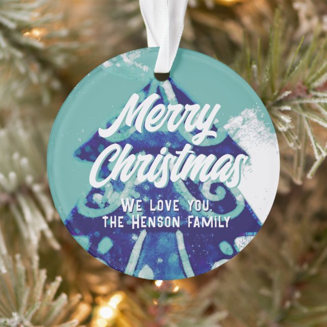 Ornamento Árvore de Natal Artística Azul Merry Script (Árvore)