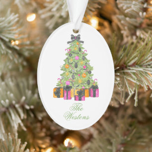 Ornamento Árvore de Natal Brilhante em Aquarela Preppy