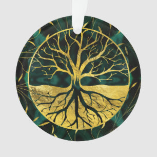 Ornamento Árvore de vida dourada Yggdrasil na malaquite