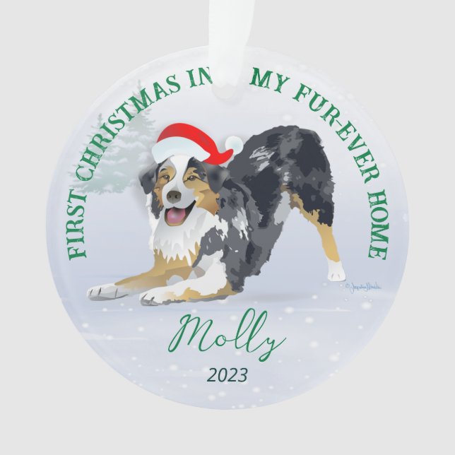 Ornamento Aussie vestindo Santa Hat 2023 (Frente)