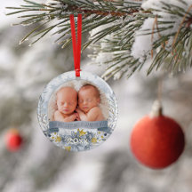 Avô Primeiro Natal Dourado Foto Floral Azul