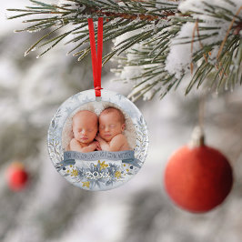 Ornamento Avó Primeiro Natal Foto Dourada Floral Azul