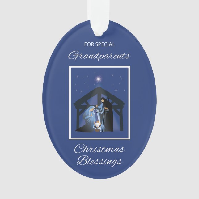 Ornamento Avós, Natal, abençoa Manger em Azul (Frente)