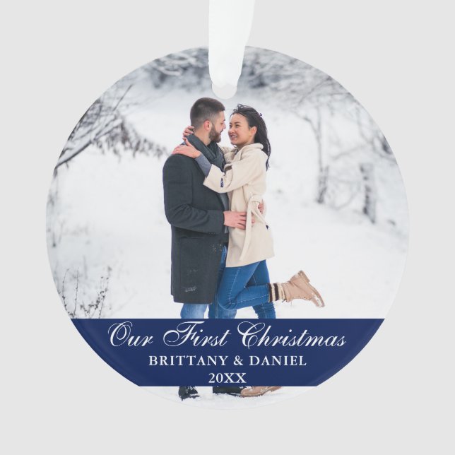 Ornamento Azul Nossa Primeira Foto De Casal De Natal (Frente)
