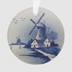 Ornamento Azul Vintage Delft Moinho de Vento Branco