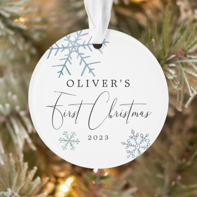 Ornamento Baby Boy First Christmas Modern Script Photo (Árvore)
