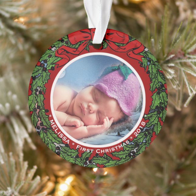Ornamento Baby First Christmas Photo name Holly wreath (Árvore)
