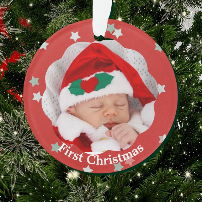 Ornamento Baby First Christmas Stars on Red Photo Ornament (Criador carregado)