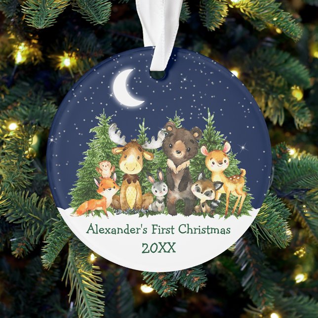 Ornamento Baby First Christmas Watercolor Forest Animais (Customize with name and year.)