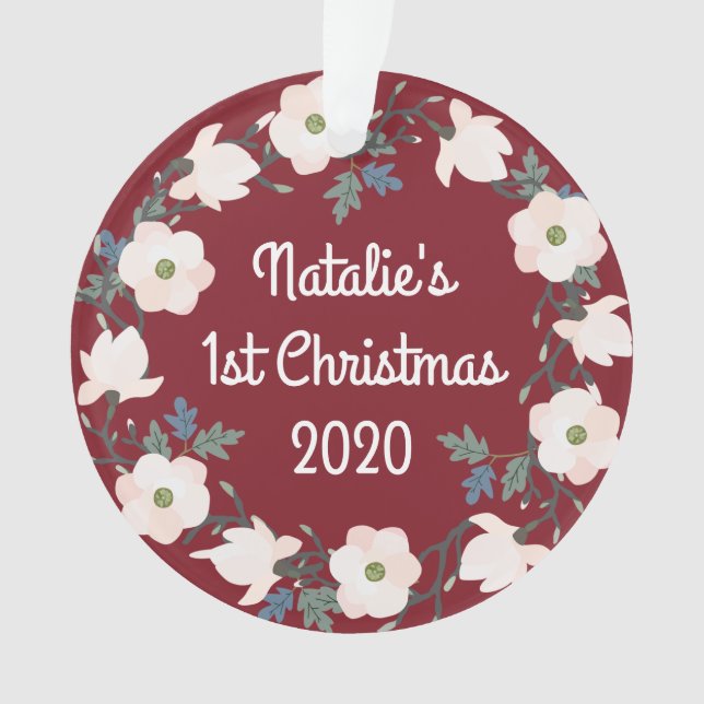 Ornamento Baby Girl First Christmas Floral Burgundy Foto (Frente)