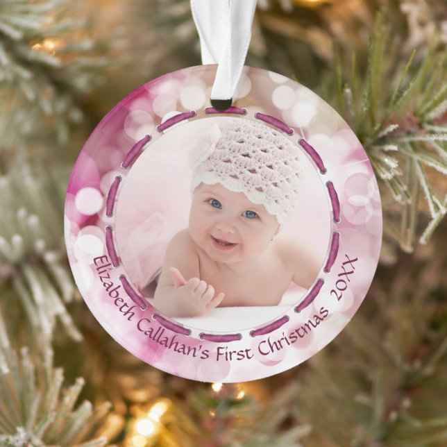 Ornamento Baby Girl First Christmas Pink Bokees Duas Fotos (Árvore)