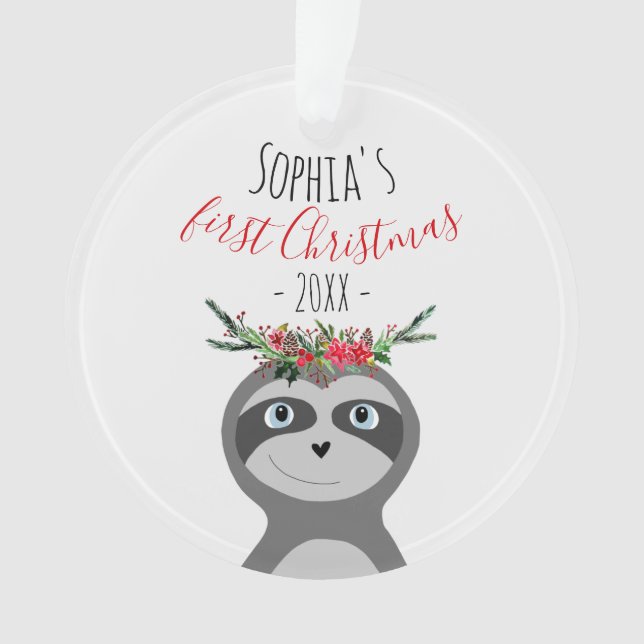 Ornamento Baby Girls First Christmas Photo Sloth & Name (Frente)