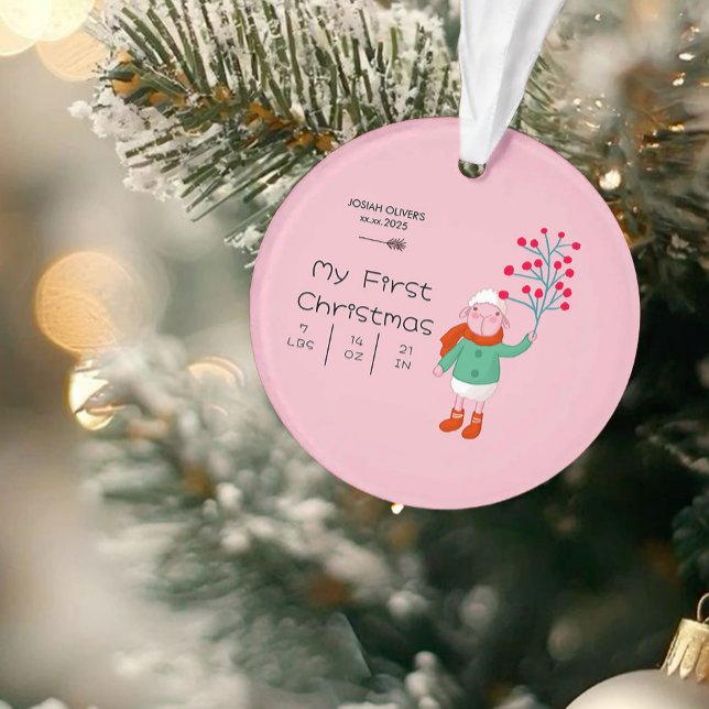 Ornamento Baby’s First Christmas - Cute Lamb art on pink (Criador carregado)