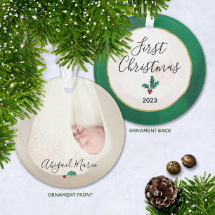 Ornamento Baby's First Christmas Photo Green &  Red Holly
