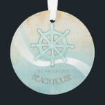 Ornamento Beach House Náutica Boat Helm Aqua Blue ID623<br><div class="desc">Este design de ornamento acrílico nas cores suaves do mar e da areia permite que você adicione facilmente seu próprio nome e texto usando o modelo fornecido. A simples imagem do helm do barco em um fundo angustiado, a aquarela é destacada por um sotaque de onda em aqua e branco....</div>