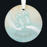 Ornamento Beach House Óculos de sol e Chinelos Aqua ID623<br><div class="desc">Este design de ornamento acrílico nas cores suaves do mar e da areia permite que você adicione facilmente seu próprio nome e texto usando o modelo fornecido. A simples imagem de óculos e chinelos sobre um fundo angustiado, de aquarela, é destacada por um sotaque de onda em aqua e branco....</div>