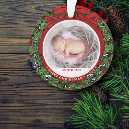 Ornamento Bebê Foto de Natal Holly Wreath