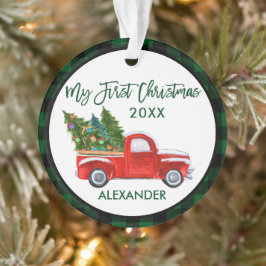 Ornamento Bebê Meu Primeiro Natal Vintage Truck Xadrez Verde