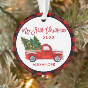 Ornamento Bebê Meu Primeiro Natal Vintage Truck Xadrez Verm