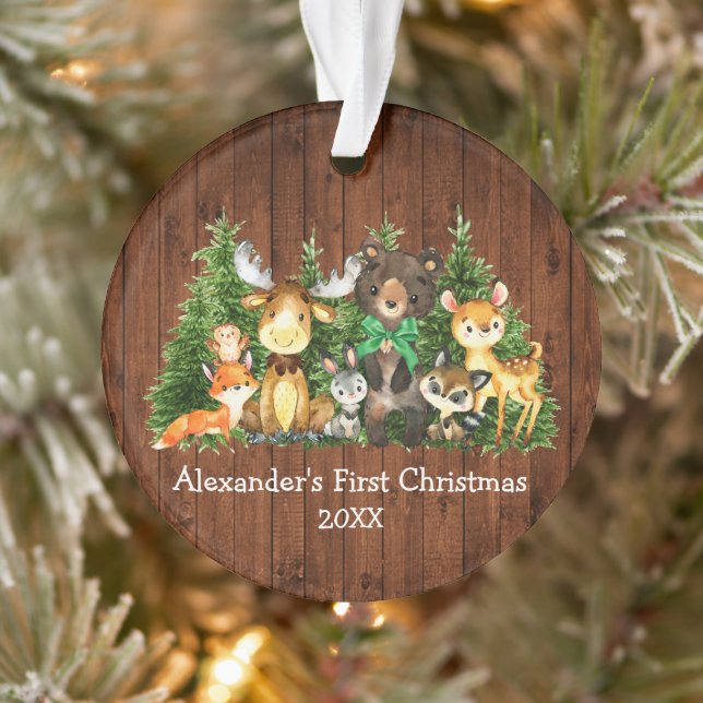 Ornamento Bebê Primeiro Natal Animais Florestais Madeira Arc (Árvore)