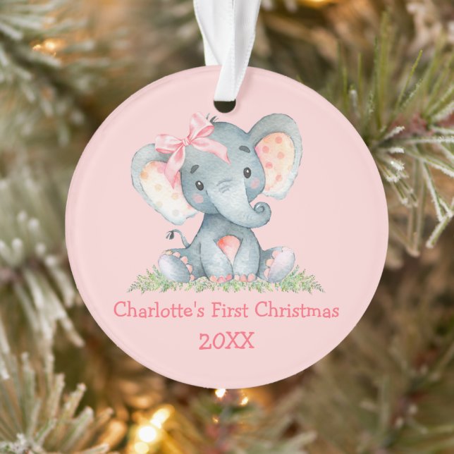 Ornamento Bebê Primeiro Natal Aquarela Elefante-Arco Rosa (Árvore)