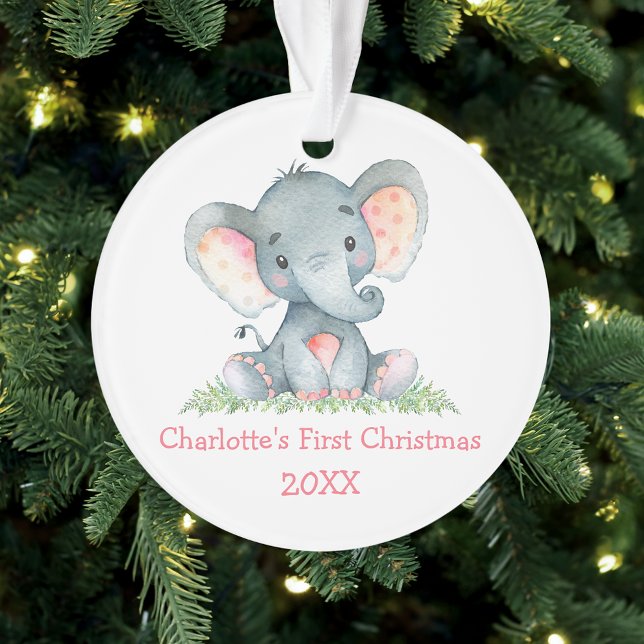 Ornamento Bebê Primeiro Natal Aquarela Elefante Rosa (Customize with name and year.)
