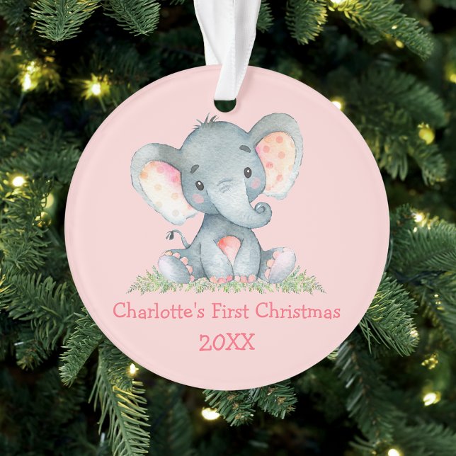 Ornamento Bebê Primeiro Natal Aquarela Elefante Rosa (Customize with name and year.)